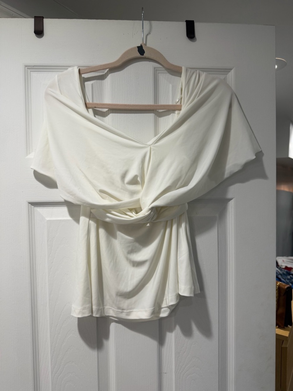 Anthropologie Cream Twist-Front Off-Shoulder Blouse